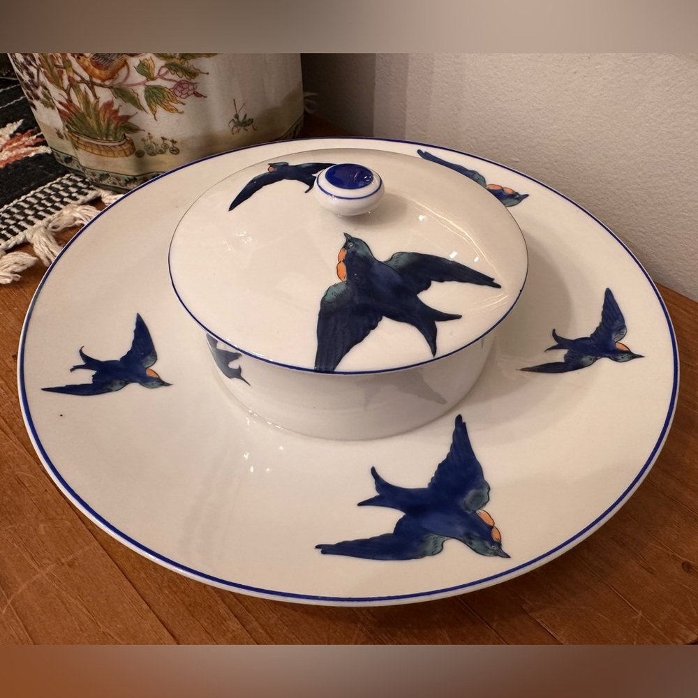 Vintage Nippon Hand Painted Bluebird Swallow Porcelain Server Dish